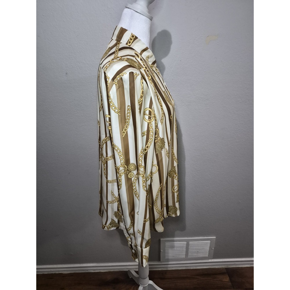 J Mclaughlin Silk Blend Shirt Women Sz Medium Gold Chain Scarf Print‎ Boho Chic - Picture 3 of 7